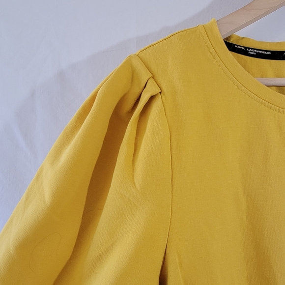 KARL LAGERFELD Paris Emoji Patch Tie Top Sz L Yellow Banded Sleeve Minimalist - Picture 7 of 12